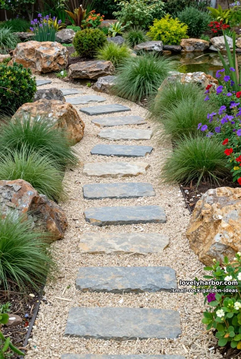 small rock garden with winding stone path and vibrant flowers. 1