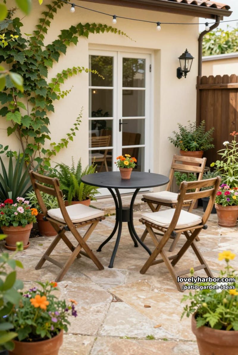 small stone terrace with black table, wooden chairs, and climbing ivy. 1