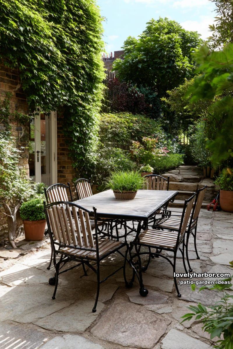 small stone terrace with black table, wooden chairs, and climbing ivy. 1