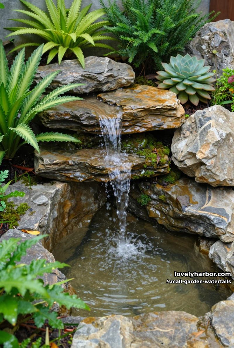 small stone waterfall with moss, succulents, and tranquil backyard atmosphere. 1