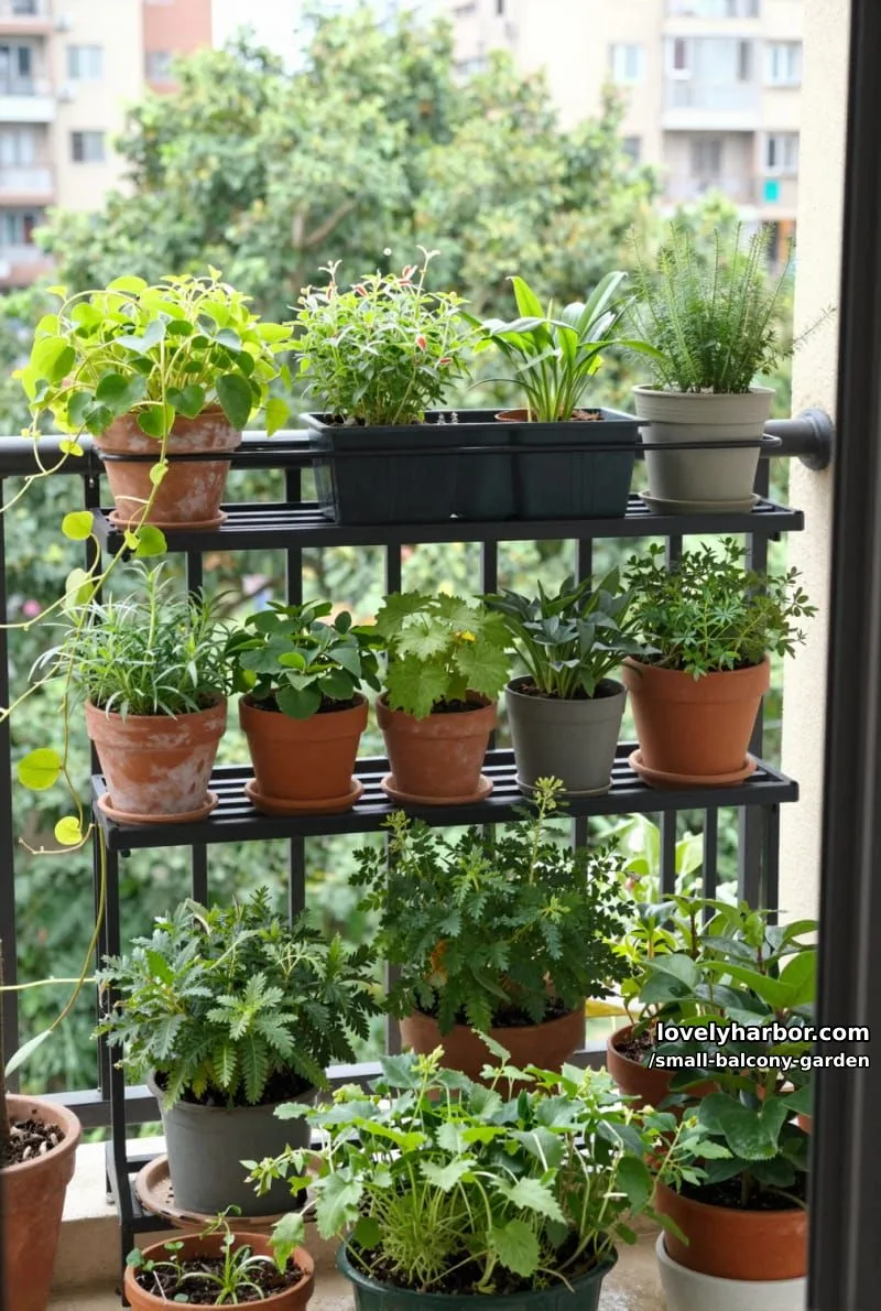 small urban balcony with black metal shelves, cascading green plants, and herbs. 1