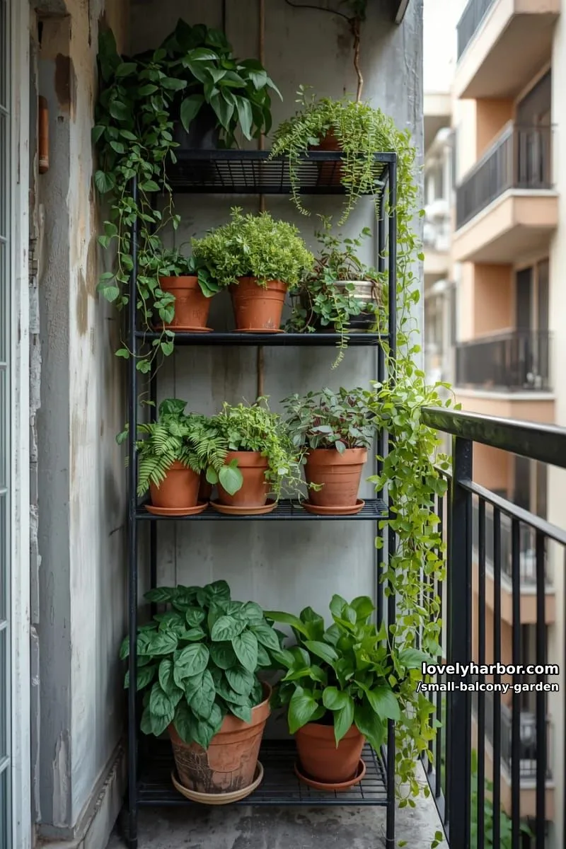 small urban balcony with black metal shelves, cascading green plants, and herbs. 1