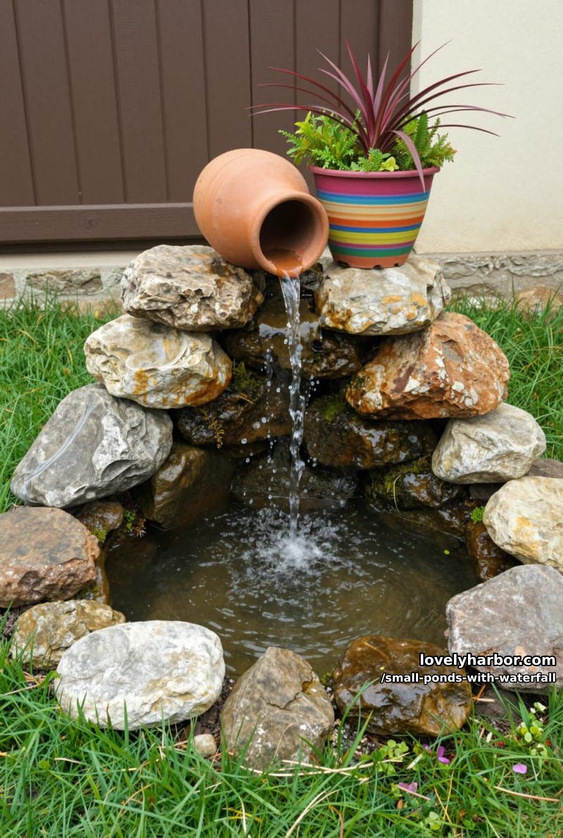 small waterfall pond with terracotta jug and colorful pot. 1