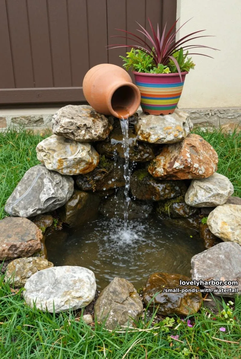 20 Small Ponds With Waterfall Designs For A Relaxing Outdoor Space 38 small waterfall pond with terracotta jug and colorful pot. 1