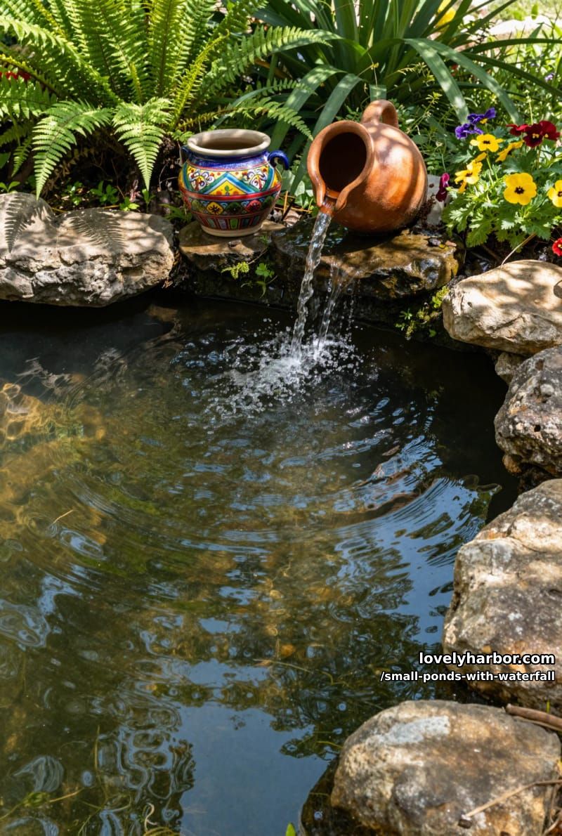 small waterfall pond with terracotta jug and colorful pot. 1