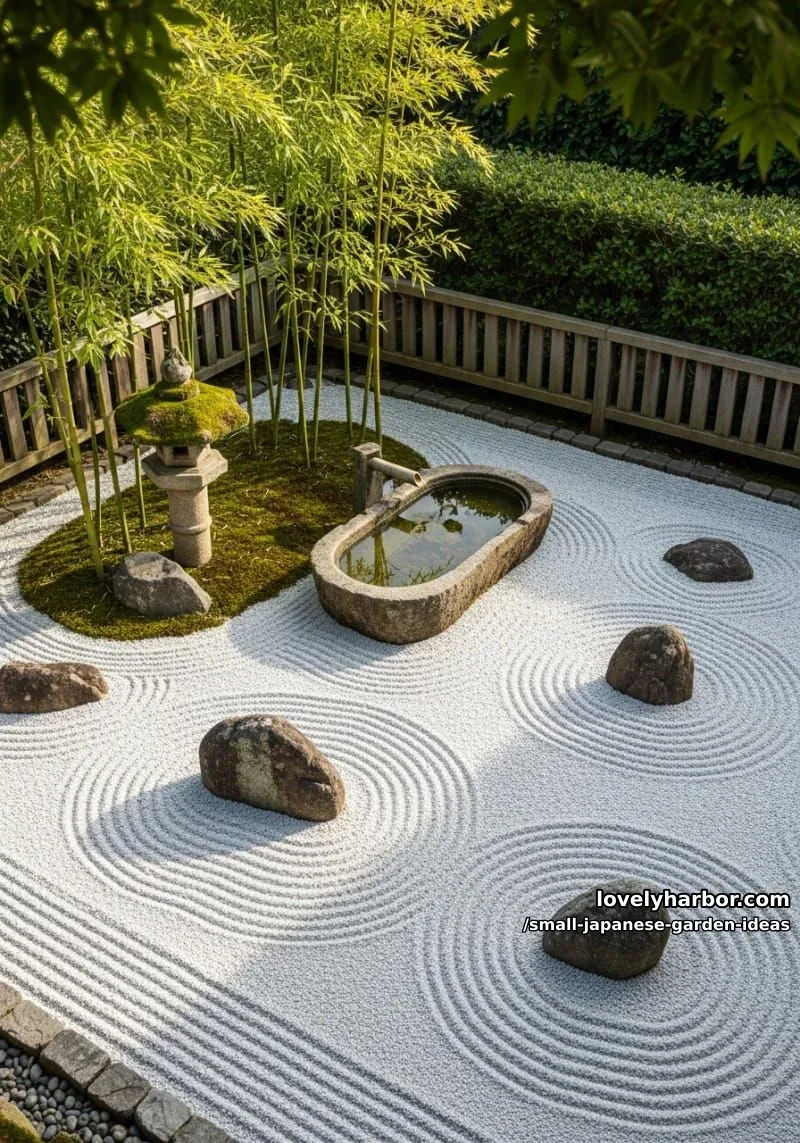 small zen gardens with gravel, stones, bamboo, and water features. 1
