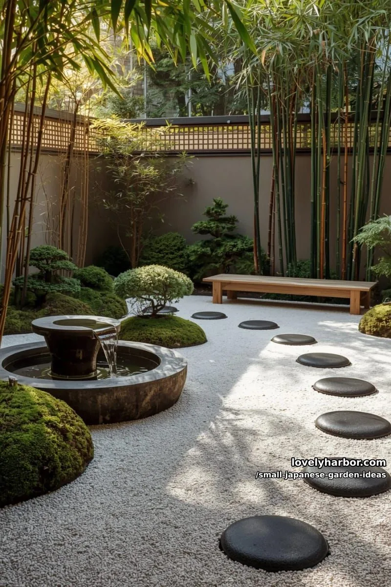 small zen gardens with gravel, stones, bamboo, and water features. 1