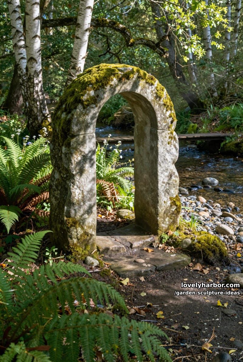 smooth stone archway sculpture set in woodland garden near stream. 1
