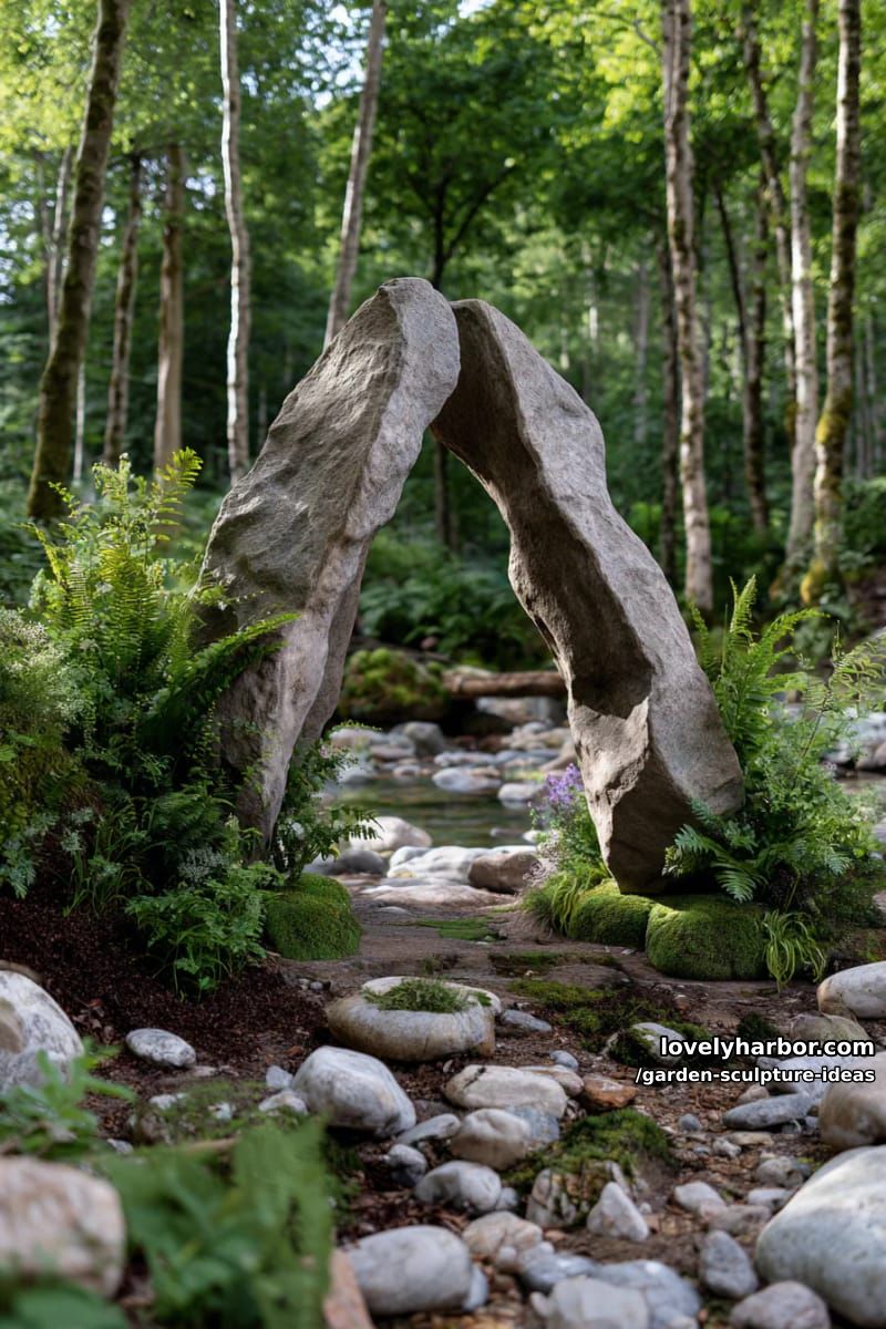 smooth stone archway sculpture set in woodland garden near stream. 1