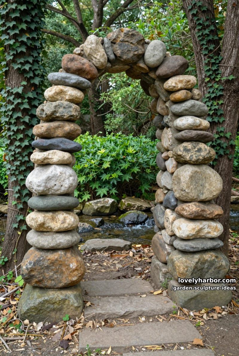 smooth stone archway sculpture set in woodland garden near stream. 1