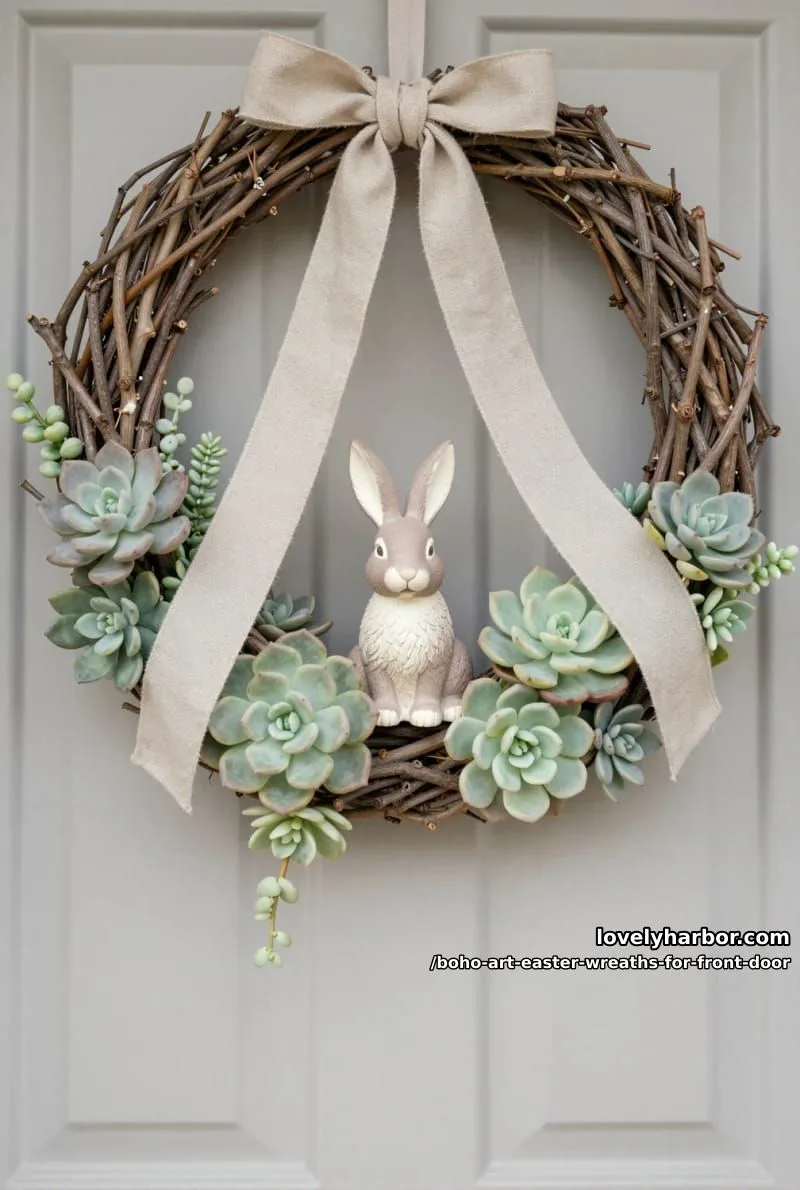 15 Boho Art Easter Wreaths for an Inviting Front Door 15 soft neutral palette wreath with linen ribbon, bunny figurine, and faux succulents 1