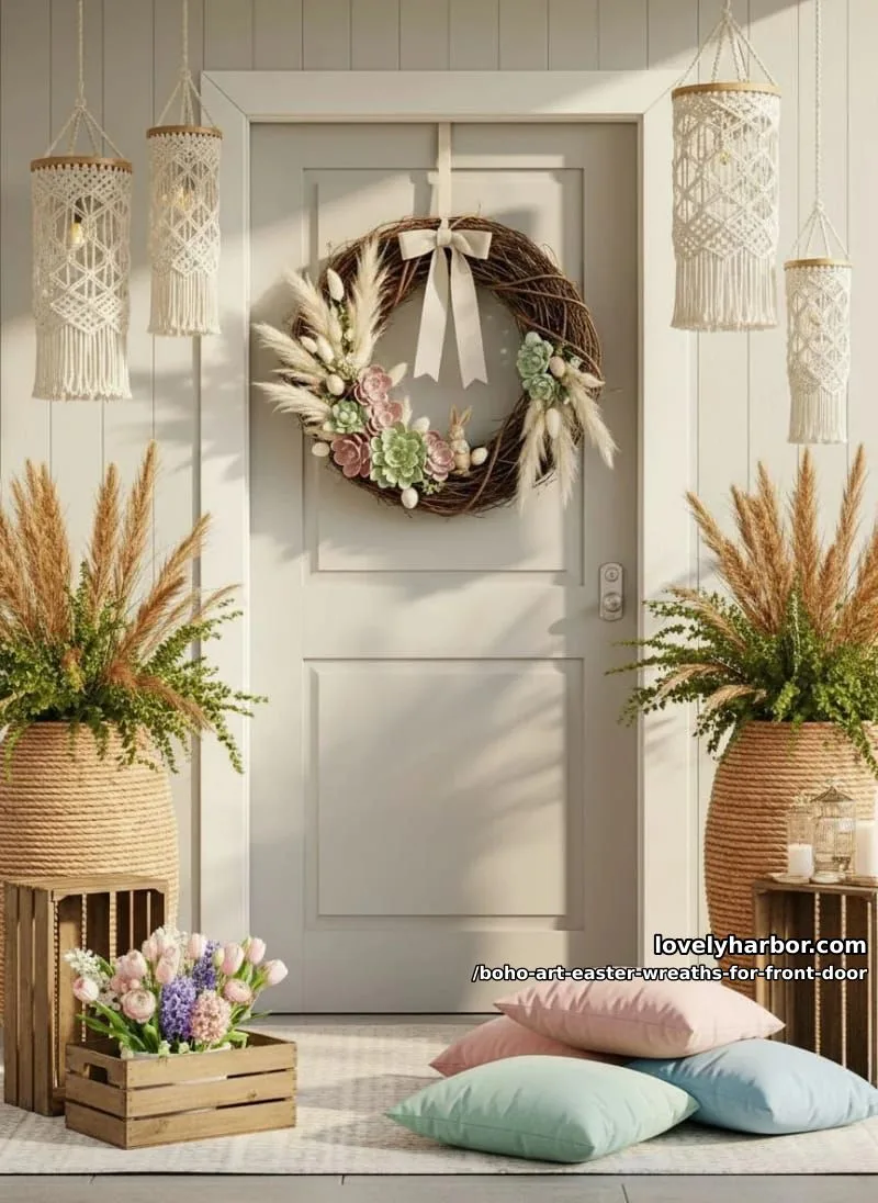 15 Boho Art Easter Wreaths for an Inviting Front Door 16 soft neutral palette wreath with linen ribbon, bunny figurine, and faux succulents 1