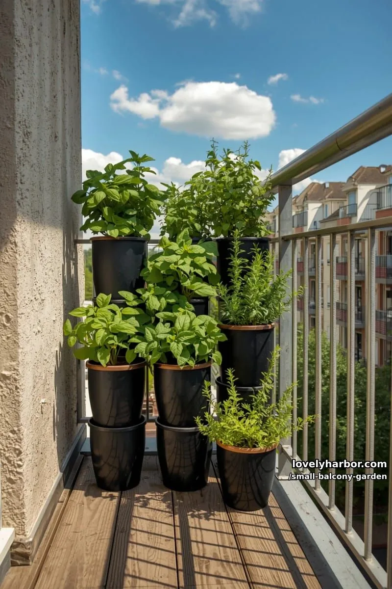 stacked black planters with lush herbs on a small urban balcony. 1