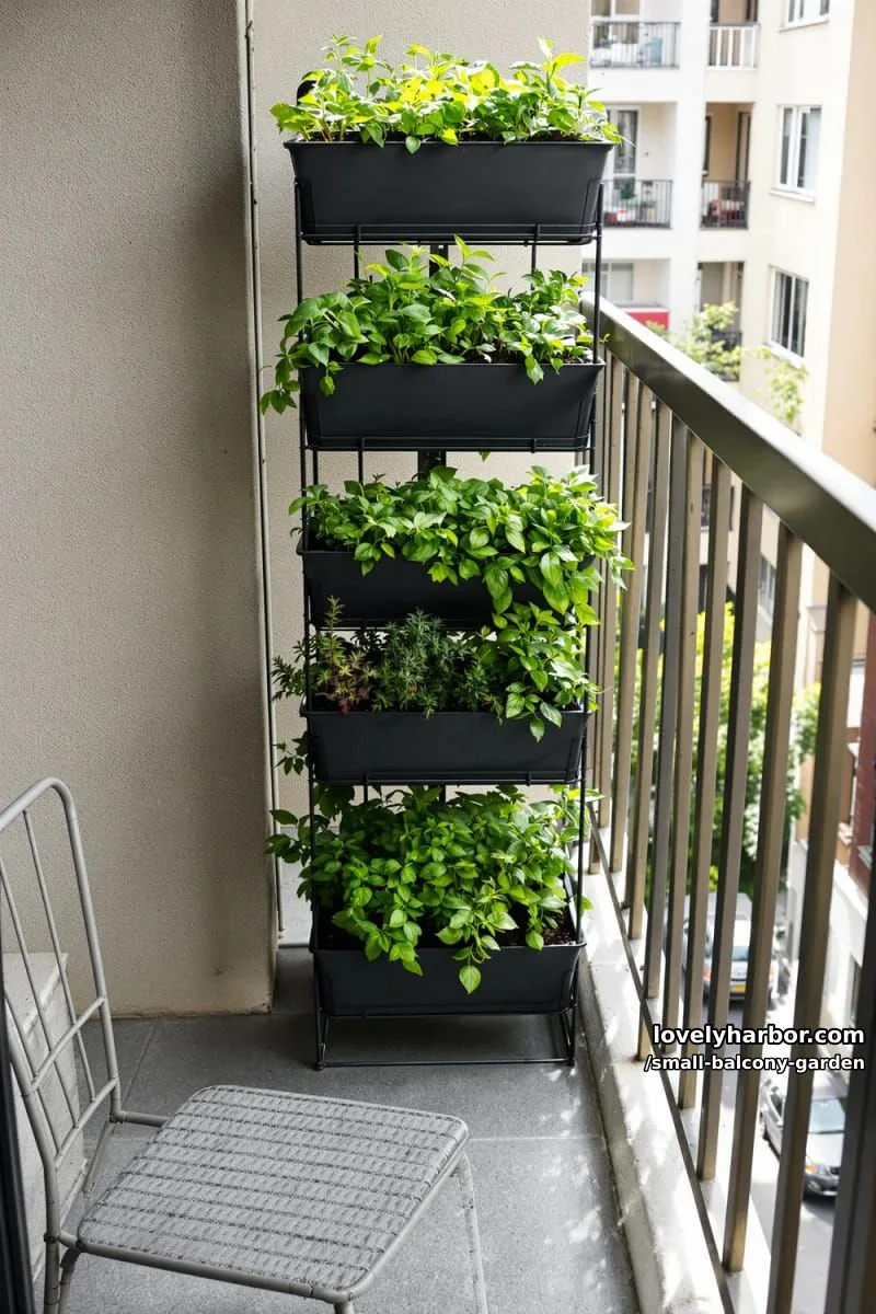 stacked black planters with lush herbs on a small urban balcony. 1