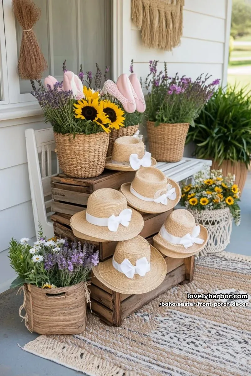 stacked straw hats topped with bunny ears and wildflower arrangements 1