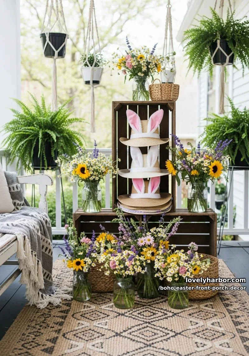stacked straw hats topped with bunny ears and wildflower arrangements 1