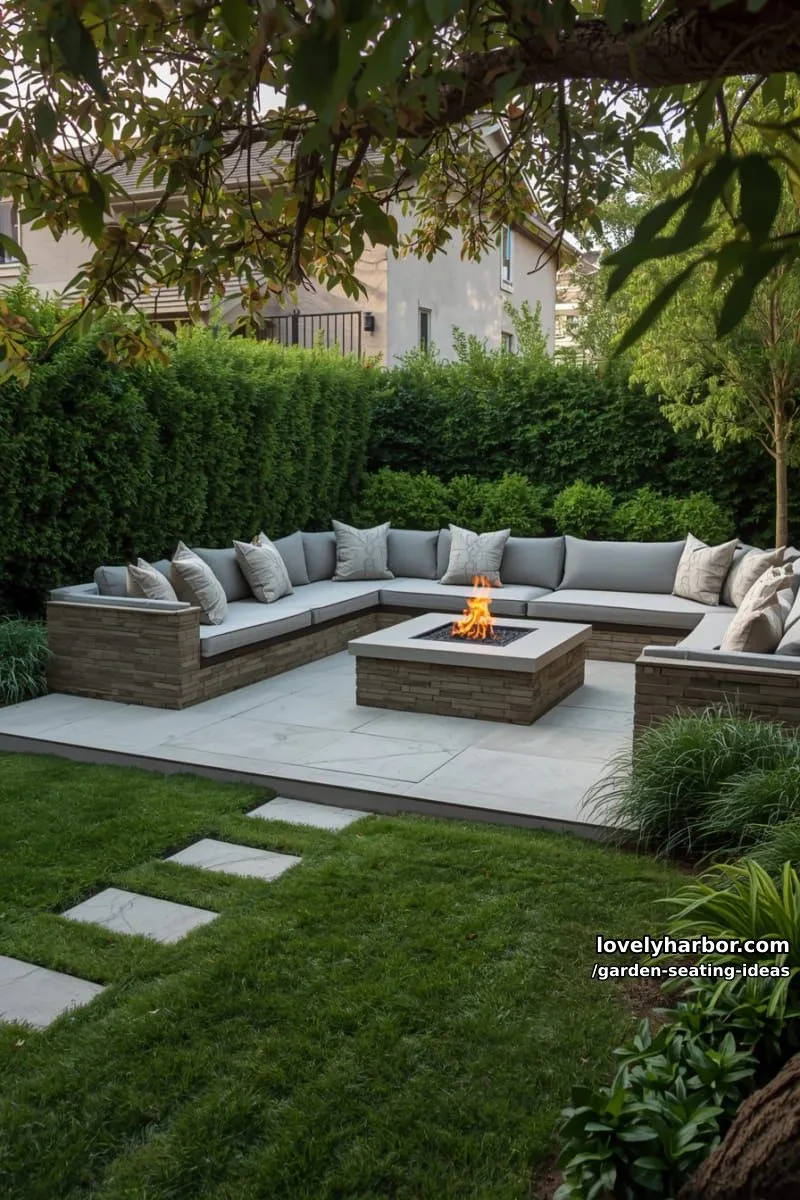 stone bench with cushions, square fire pit, hedges, and stepping stones 1