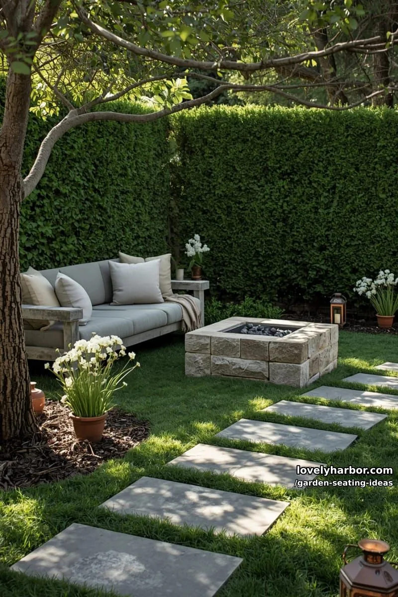 stone bench with cushions, square fire pit, hedges, and stepping stones 1