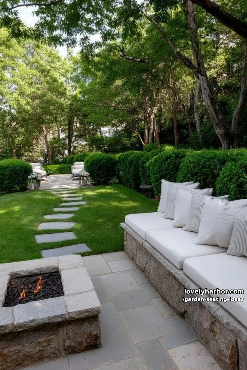 stone bench with cushions, square fire pit, hedges, and stepping stones 1