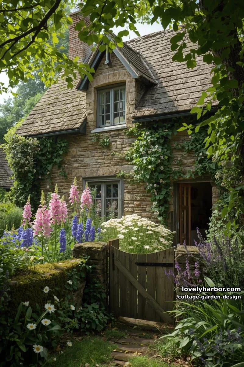 stone cottage with climbing vines, rustic gate, and fairytale-style flowers 1
