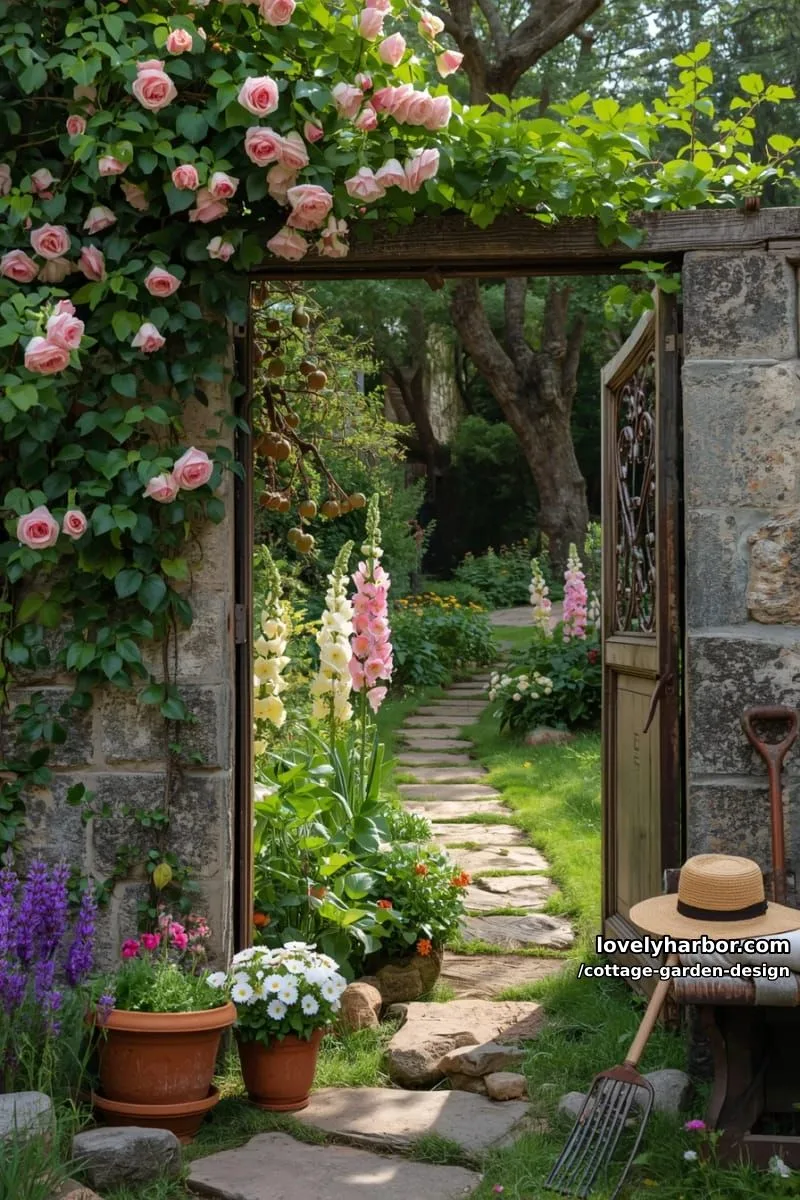 stone cottage with climbing vines, rustic gate, and fairytale-style flowers 1