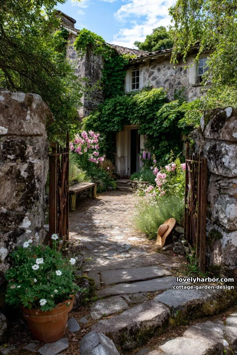 stone cottage with climbing vines, rustic gate, and fairytale-style flowers 1