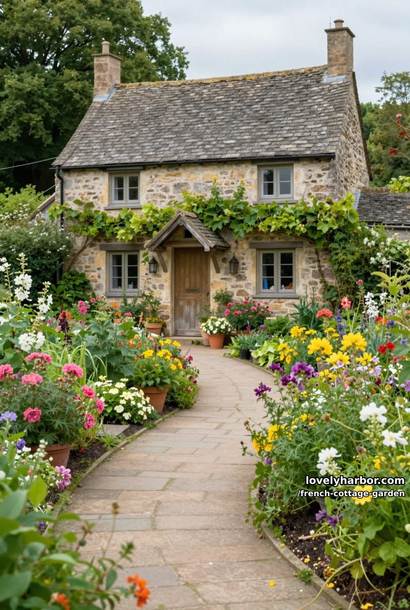 stone cottage with shingle roof, flagstone path, potted plants, and vibrant blooms 1