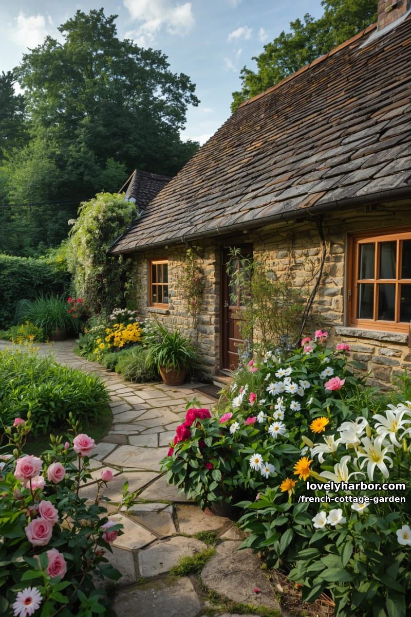 stone cottage with shingle roof, flagstone path, potted plants, and vibrant blooms 1