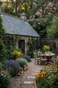 stone cottage with slate roof, lavender garden, candlelit path, and outdoor dining 27