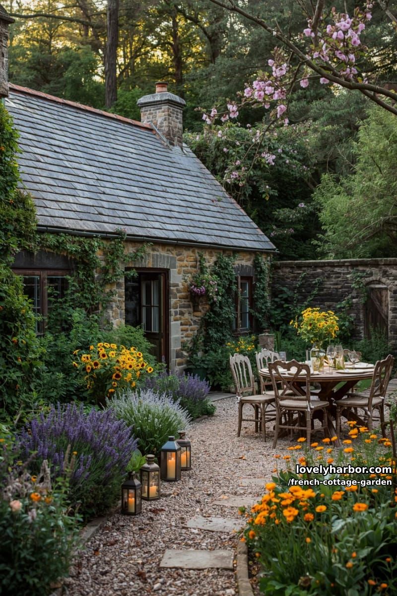 stone cottage with slate roof, lavender garden, candlelit path, and outdoor dining 1