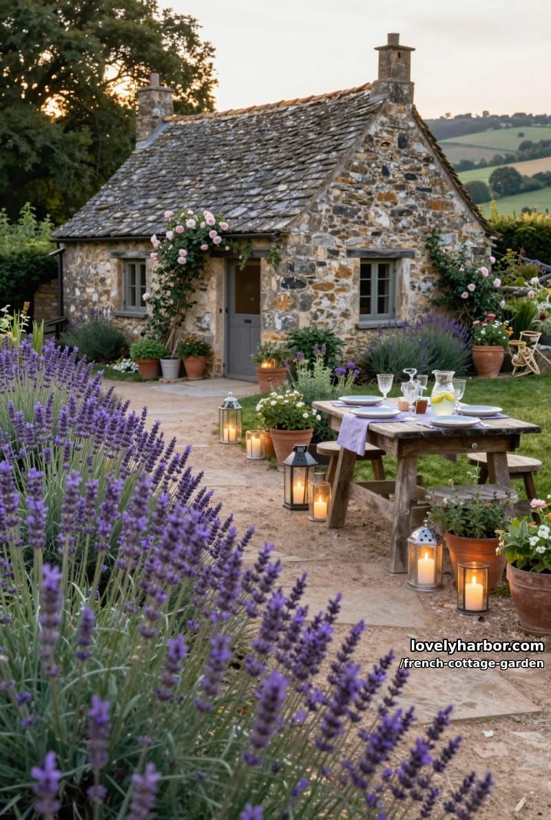 stone cottage with slate roof, lavender garden, candlelit path, and outdoor dining 1
