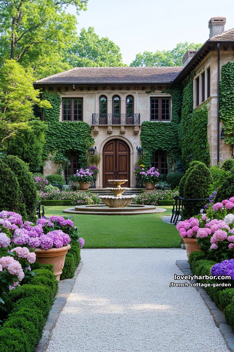stone manor house with formal garden, fountain, pastel flowers, and topiary 1