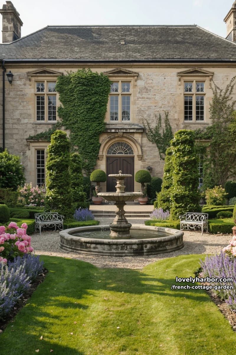 stone manor house with formal garden, fountain, pastel flowers, and topiary 1