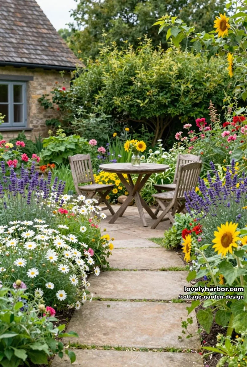 stone path cottage garden with sunflowers, daisies, and cozy outdoor table 1