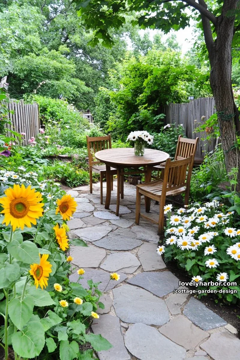 stone path cottage garden with sunflowers, daisies, and cozy outdoor table 1