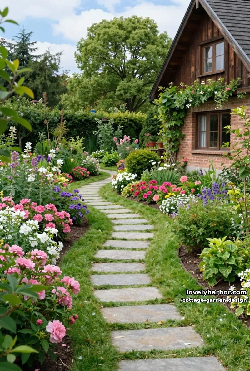 stone path through vibrant flower beds with wooden house and climbing plants 1