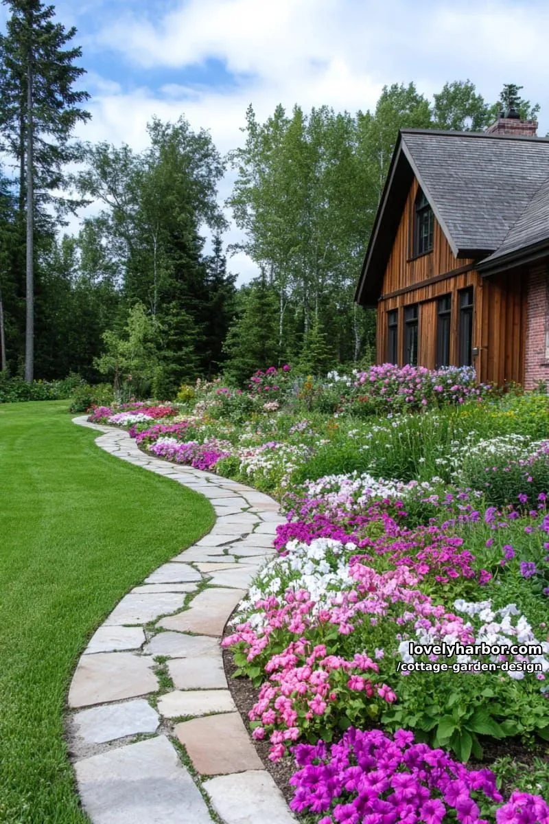 stone path through vibrant flower beds with wooden house and climbing plants 1