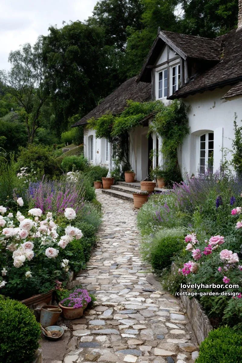 stone path through vibrant flower beds with wooden house and climbing plants 1