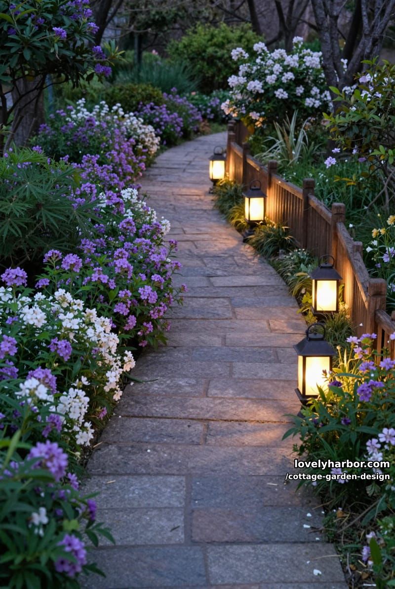stone path with purple and white blooms, lanterns, and tranquil dusk light 1