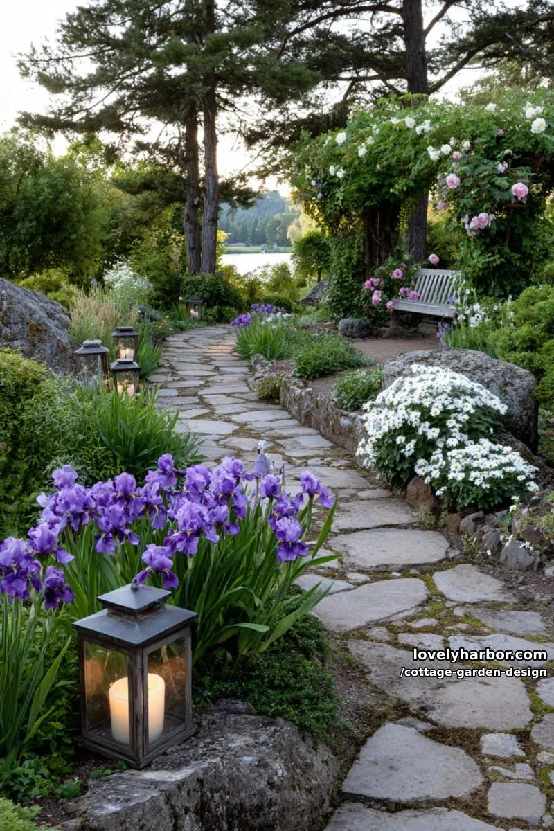 stone path with purple and white blooms, lanterns, and tranquil dusk light 1