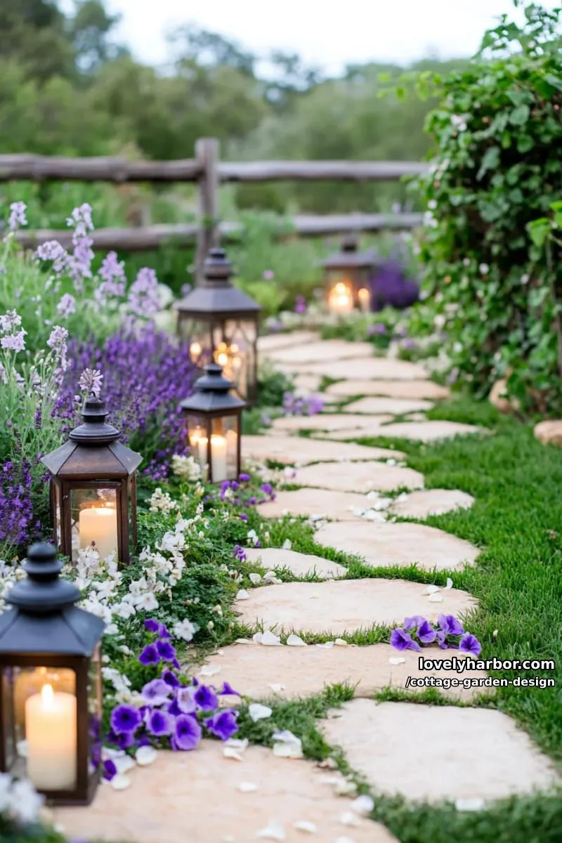 stone path with purple and white blooms, lanterns, and tranquil dusk light 1