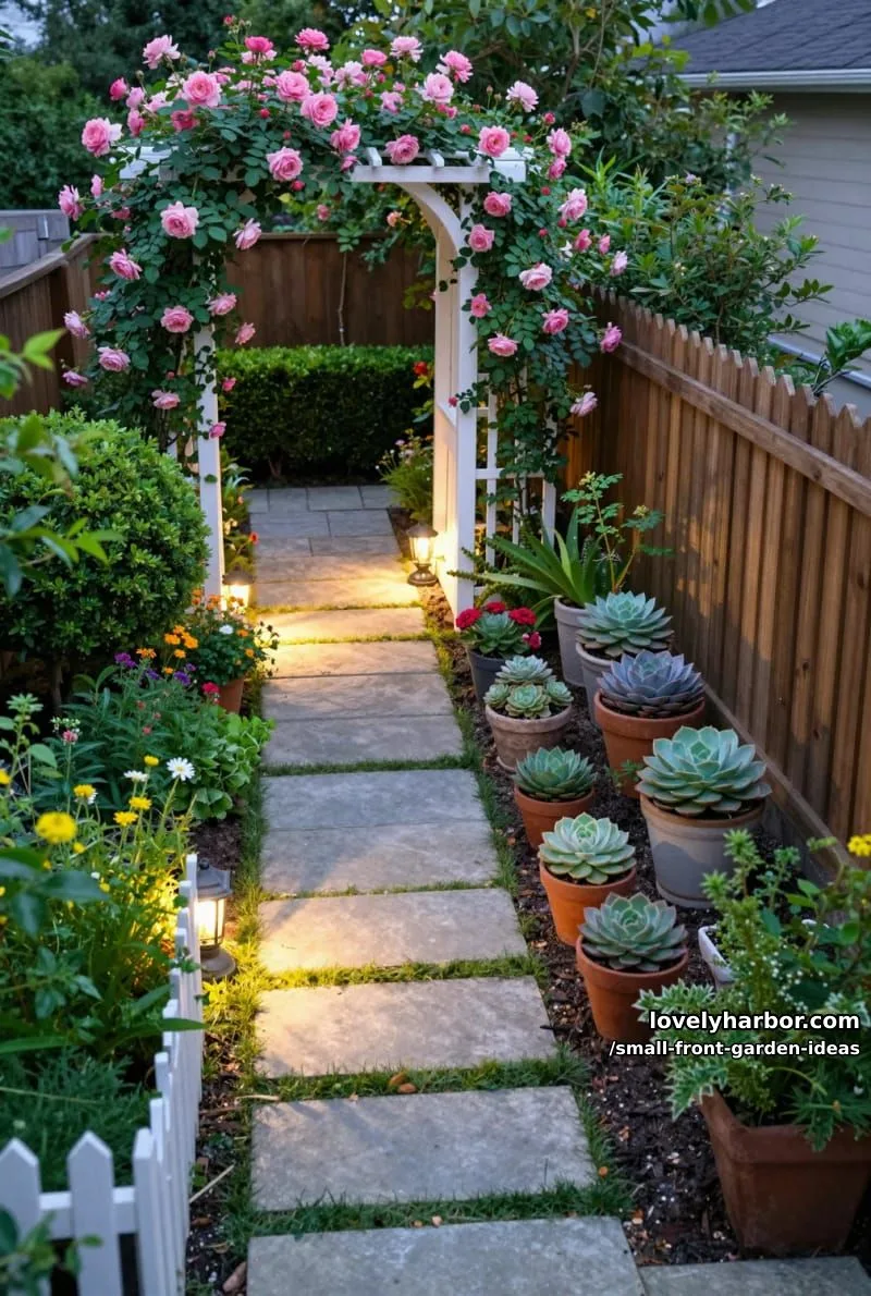 stone pathway garden with arbor, picket fence, and creative potted plant display. 1
