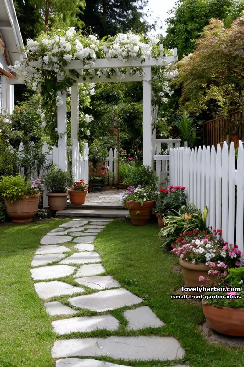 stone pathway garden with arbor, picket fence, and creative potted plant display. 1