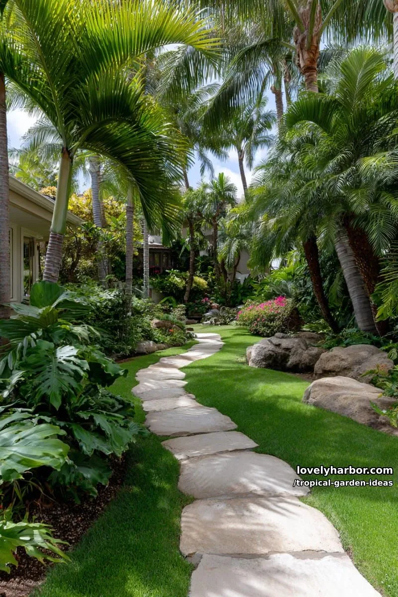 stone pathway through palm-filled garden with blooming plumeria flowers. 1