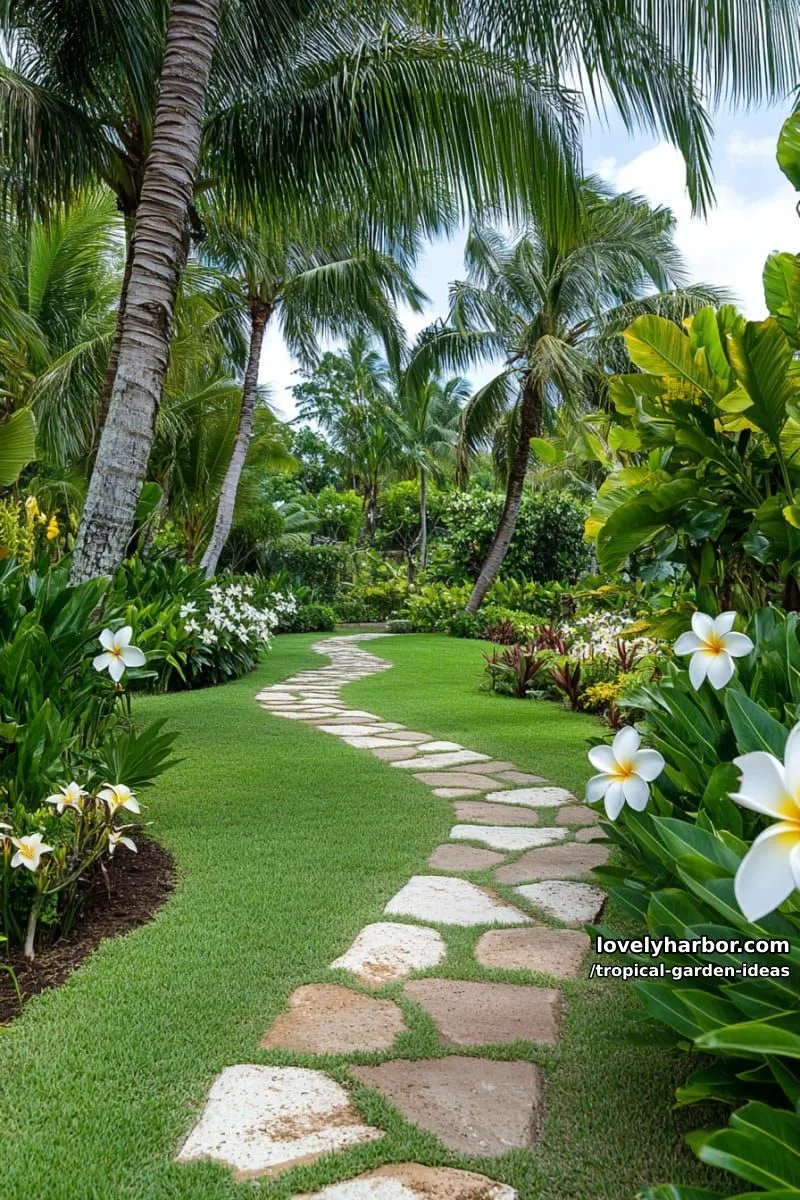 stone pathway through palm-filled garden with blooming plumeria flowers. 1