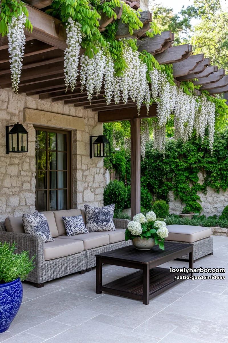 stone patio with pergola, wisteria, wicker sofas, and tranquil garden. 1
