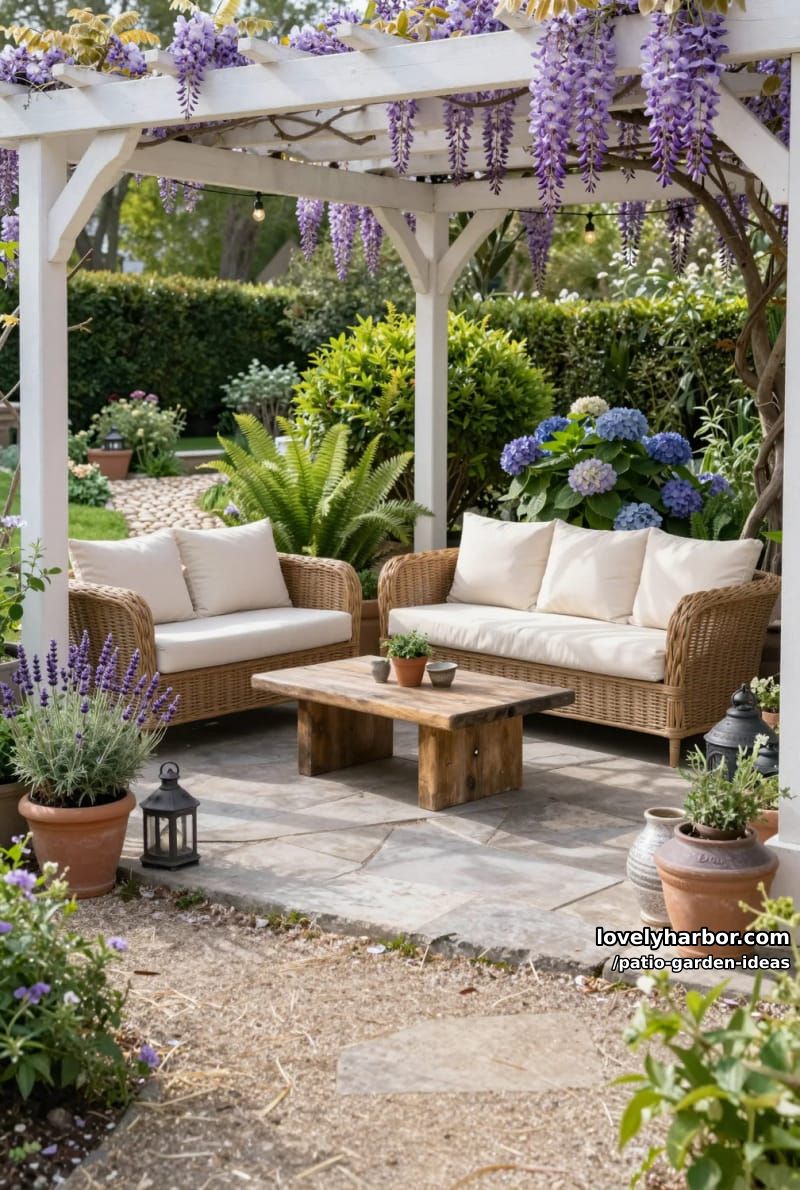 stone patio with pergola, wisteria, wicker sofas, and tranquil garden. 1