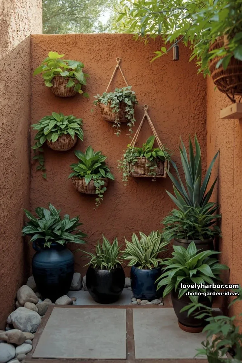 stucco wall garden with wicker basket planters, macramé hangers, and stones. 1