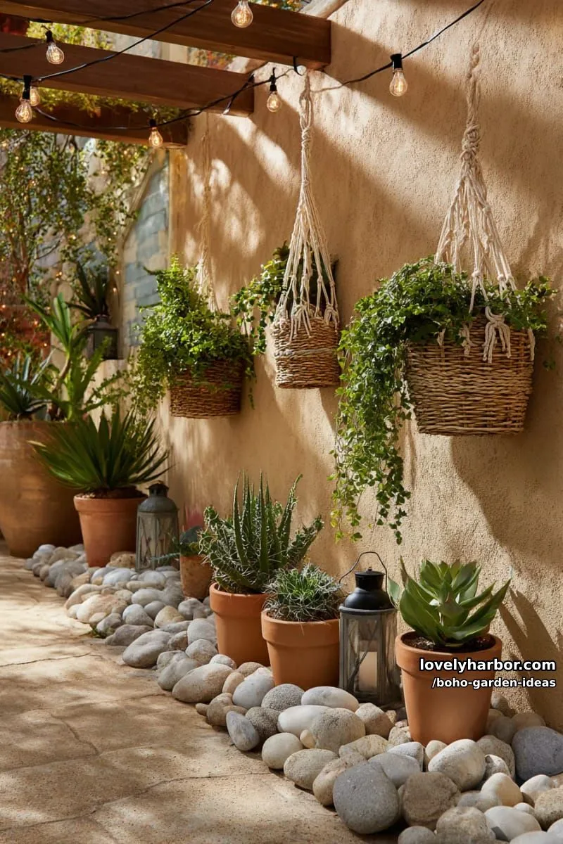 stucco wall garden with wicker basket planters, macramé hangers, and stones. 1