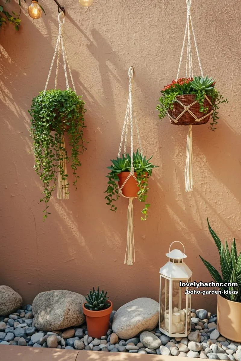 stucco wall garden with wicker basket planters, macramé hangers, and stones. 1